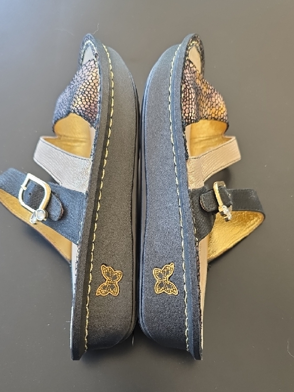 Alegria Black, Beige and Metallic Snake-Print Slide Sandals - Picture 4 of 5